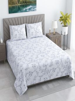 Threadwear - White Floral Cotton Flat Bedsheet With 2 Pillow cover (Super King)