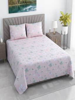 Threadwear - Pink Floral 400 TC Cotton Flat Bedsheet With 2 Pillow cover (Super King)
