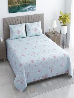 Threadwear - Green Shade Floral Cotton Flat Bedsheet With 2 Pillow cover (Super King)