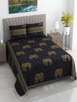 Threadwear - Navy Blue Floral Cotton Flat Bedsheet With 2 Pillow cover (Queen)