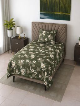 Threadwear - Dark Green Floral 290 TC Cotton Flat Bedsheet With Pillow Cover (Single)