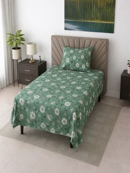 Threadwear - Green Floral 290 TC Cotton Flat Bedsheet With Pillow Cover (Single)