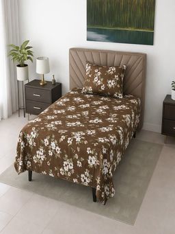 Threadwear - Coffee Shade Floral 290 TC Cotton Flat Bedsheet With Pillow Cover (Single)