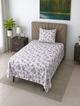 Threadwear - White Floral 290 TC Cotton Flat Bedsheet With Pillow Cover (Single)