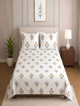 Threadwear - White Floral 400 TC Cotton Flat Single Size Bedsheet With 2 Pillow cover (Single)