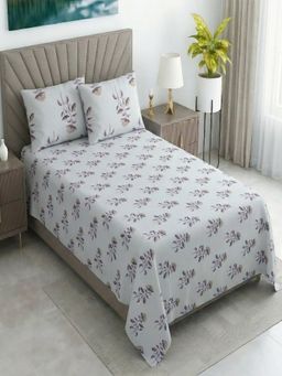 Threadwear - White Floral 400 TC Cotton Flat Single Size Bedsheet With 2 Pillow cover (Single)