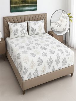 Threadwear - White Floral 400 TC Cotton Fitted Bedsheet With 2 Pillow covers (Super King)