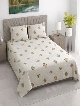 Threadwear - White Floral Cotton Flat Bedsheet With 2 Pillow cover (Queen)