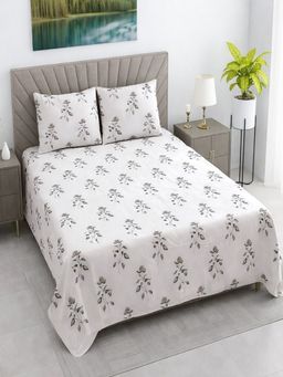 Threadwear - White Floral 400 TC Cotton Flat Bedsheet With 2 Pillow cover (Queen)