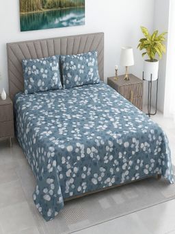 Threadwear - Blue Shade Floral Cotton Flat Bedsheet With 2 Pillow cover (Queen)