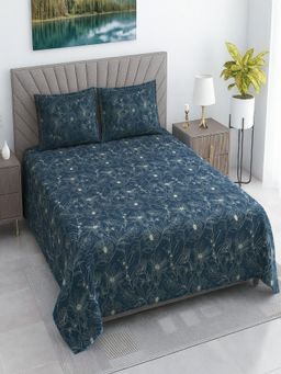 Threadwear - Dark Green Shade Floral Cotton Bedsheet With 2 Pillow cover (Queen)