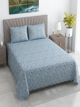 Threadwear - Blue Floral 400 TC Cotton Flat Bedsheet With 2 Pillow cover (Queen)