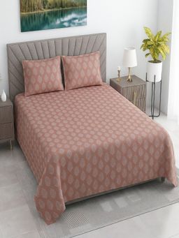 Threadwear - Rust Shade Floral Cotton Flat Bedsheet With 2 Pillow cover (Queen)