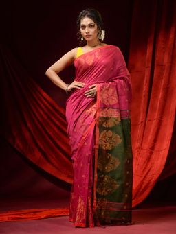 CHARUKRITI - Rouge Pink Blended Cotton Woven Buttas and Floral Borders Saree with Unstitched Blouse