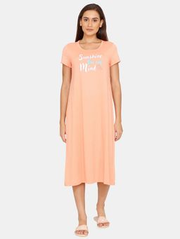 Zivame - Rosaline Starry Nights Knit Cotton Mid Length Nightdress - Papaya Punch - Orange