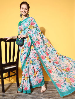 Odette - Off White Sequence Printed Georgette Saree with Unstitched Blouse