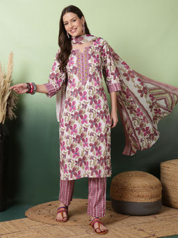 ANAISA - Women Purple Printed Yoke Embroidery Kurta with Pant and Dupatta (Set of 3)