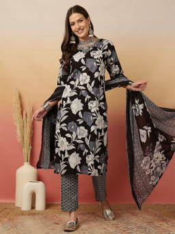 ANAISA - Women Black Cotton Floral Printed Adda Work Kurta with Pant and Dupatta (Set of 3)