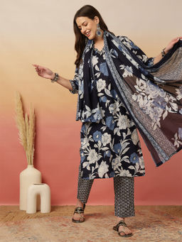 ANAISA - Women Blue Cotton Floral Printed Adda Work Kurta with Pant and Dupatta (Set of 3)