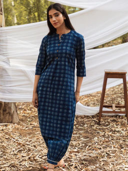 Mera Rang - Samiya Hand Block Indigo Long Kurta with Salwar (Set of 2)