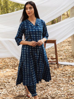 Mera Rang - Maira V Neck Indigo A-Line Kurta with Salwar (Set of 2)