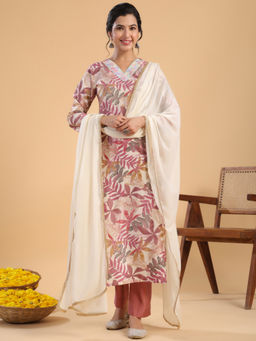 CUSTARD - Women Floral Printed Regular Pure Cotton Kurta with Pant and Dupatta (Set of 3)