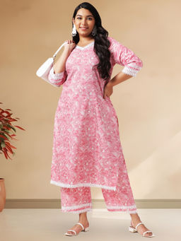 CUSTARD - Floral Printed V-Neck Pure Cotton Straight Kurta with Pant (Set of 2)