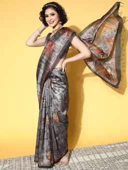 Odette - Manipuri Silk Charcoal Grey Printed Designer Saree with Unstitched Blouse