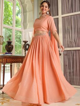 Janasya - Peach Embellished Lehenga with Choli and Dupatta (Set of 3)