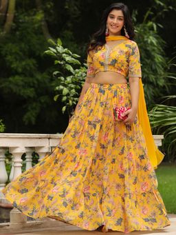 Janasya - Yellow Floral Printed Lehenga with Choli and Dupatta (Set of 3)