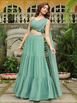 Janasya - Sage Green Embellished Lehenga and Choli with Attached Dupatta (Set of 2)