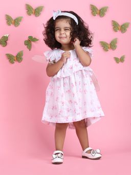 Polka Tots - Cotton Cap Sleeve Frock for Baby Girl with Flamingo Finger Print