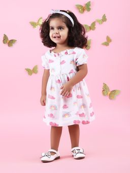 Polka Tots - Cotton Half Sleeve Frock for Baby Girl with Cloud & Rainbow Print