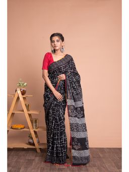 KISHORI - Geometric Hand Block Printed Cotton Mulmul Saree with Unstitched Blouse - Black