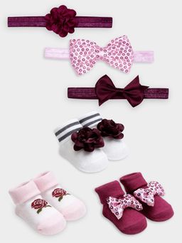 Mi Arcus - Printed Socks and Headbands- Maroon (Pack of 6)