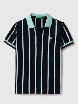 United Colors of Benetton - Black and Blue Regular Fit Polo Neck Stripes T-Shirt