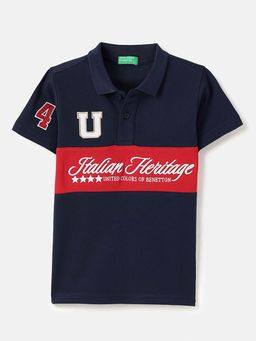 United Colors of Benetton - Navy Blue Regular Fit Polo Neck Embroidered T-Shirt