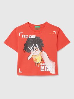 United Colors of Benetton - Orange Cropped Round Neck Printed T-Shirt