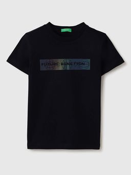 United Colors of Benetton - Black Relaxed Fit Round Neck Holographic Print T-Shirt