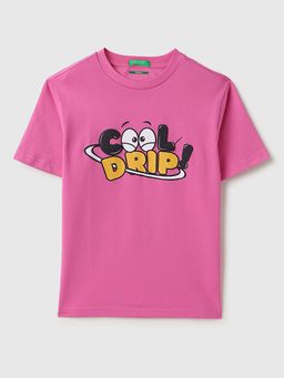 United Colors of Benetton - Pink Relaxed Fit Round Neck Typographic Print T-Shirt