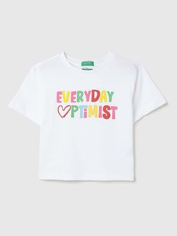United Colors of Benetton - White Cropped Round Neck Typographic Print T-Shirt