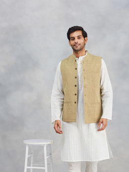 Fabindia - Green Cotton Dobby Nehru Jacket