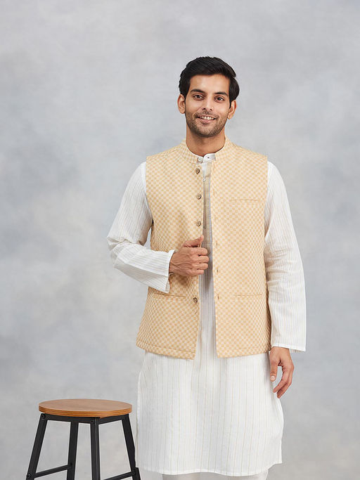 Fabindia Beige Cotton Checks Nehru Jacket