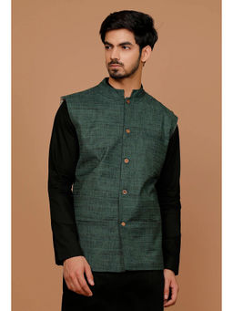 Tjori - Pine Green Matka Silk Nehru Jacket