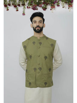 Tjori - Olive Cotton Nehru Block Print Jacket