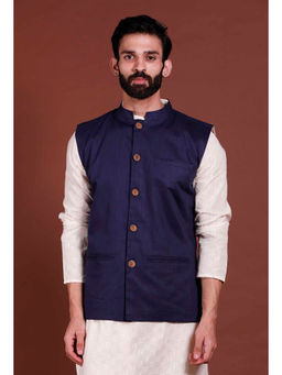 Tjori - Navy Blue Cotton Nehru Jacket