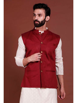 Tjori - Dark Red Cotton Nehru Jacket