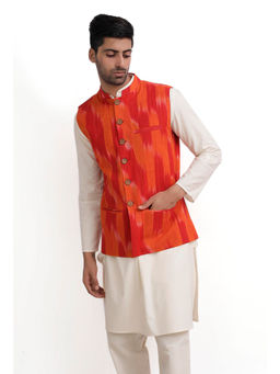 Tjori - Tangerine Orange Ikat Nehru Jacket