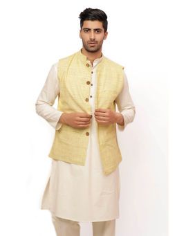 Tjori - Beige Matka Silk Nehru Jacket