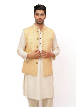 Tjori - Fawn Cream Matka Silk Nehru Jacket